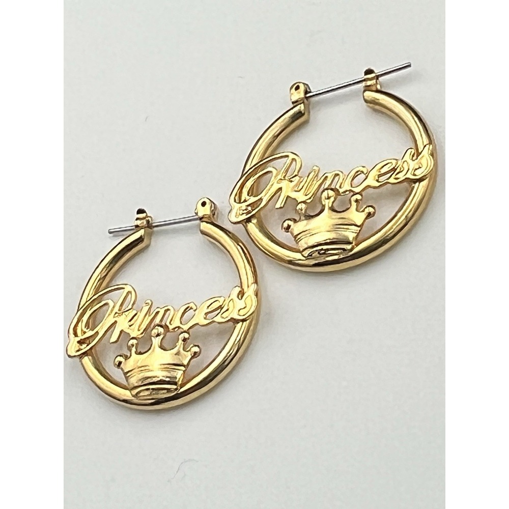 Gold Tone Princess Crown Hoop Earrings Medium 1.25 Inch Y2K Baddie Style